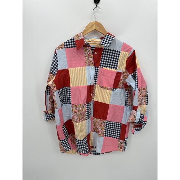 Land's‎ End Button Up Shirt Women Medium Patchwork Quilted Roll Tab Sleeve Artsy - Picture 1 of 7